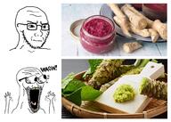 2soyjaks arm bald beetroot broken_glasses chrain closed_mouth food frown glasses horseradish open_mouth stubble subvariant:soyak_(irritated) subvariant:waow subvariant:wewjak teeth thing_japanese tongue variant:soyak waow wasabi yellow_teeth // 2068x1472 // 646.5KB