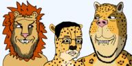 3soyjaks animal cheetah closed_mouth ear fangs fur glasses leopard lion looking_at_each_other mane ominous scared series:animaljaks shadow smile stubble sweating variant:chudjak variant:gapejak variant:markiplier_soyjak // 2048x1025 // 377.3KB