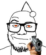 antenna closed_mouth firearm glasses gun holding_gun holding_object holding_pistol no_pupils orange_eyes orange_sclera pistol raised_eyebrow reddit redditard smirk smug snoo soyjak stubble variant:redditjak weapon // 728x866 // 120.0KB