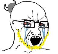 bloodshot_eyes clothes crying glasses hair hat horn open_mouth soyjak stubble variant:soyak viking yellow_hair // 785x731 // 241.7KB