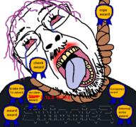 ack award award_award awards bloodshot_eyes booru crying dead glasses hair hanging lipstick meta mustache open_mouth purple_hair purple_tongue rope rope_award shimmie shimmie2 soybooru soyjak stubble suicide the_'ru tongue tranny variant:bernd yellow_teeth // 768x719 // 121.8KB