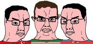 3soyjaks azerbaijan azeri_boga_(namefag) blue_eyes brown_eyes brown_hair chechnya chudjak_brothers closed_mouth ear flag:azerbaijan flag:chechnya flag:turkiye glasses hair hamas_2(namefag) meta:keep_the_original_tags pink_hair satoko_fans_arent_white_(namefag) soyjak subvariant:chudjak_front variant:chudjak white_skin // 4182x2000 // 1.2MB