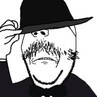 albert albert_(user) beard bowtie clothes fedora frown hat hiding mustache namefags sad soyjak stubble subvariant:wholesome_soyjak suit tinted_glasses tuxedo variant:gapejak // 800x800 // 63.8KB