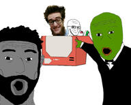 3soyjaks arm beard box clothes frog gigachad glasses green_skin grey_skin hair hand jimmy_numale mustache nintendo nintendo_labo nintendo_switch open_mouth pepe pointing smile smirk smug soyjak stubble suit variant:jimmy_numale variant:soyak variant:two_pointing_soyjaks video_game // 750x600 // 67.0KB