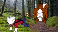 animal arm brown_squirrel buck_teeth buff clothes ear forest full_body glasses hand irl_background kneel leg lumberjack multiple_soyjaks ominous rape smile snout soyjak squirrel stubble subvariant:feralsquirrel subvariant:ominous_impish_squirrel variant:feraljak variant:impish_soyak_ears // 1280x720 // 1.9MB