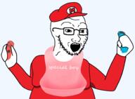 arm bib breasts clothes game_controller glasses hand hat holding_game_controller holding_object mario mario_hat nintendo nintendo_switch open_mouth soyjak special_boy stubble variant:soyak video_game // 1879x1384 // 571.0KB