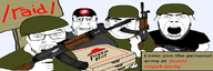 raid 4soyjaks ak-47 ak47 angry beard black_shirt black_text clothes english_text glasses green_shirt grey_shirt gun hand hat helmet holding_gun holding_object holding_object_with_two_hands holding_rifle meta:banner meta:banner_contest_2025 mouth_open open_mouth personal_army pizza pizza_deliveryman pizza_hut raid_(soyjak_party) red_text rifle sign soldier soldier_hat soyjak_party soyjak_st stubble subvariant:cobson_front2 subvariant:patrick teeth text variant:chudjak variant:cobson variant:feraljak variant:markiplier_soyjak wood // 600x200 // 110.8KB