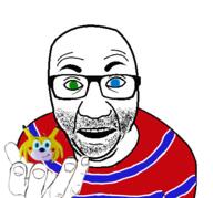 blue_eyes chris-chan clothes ear glasses green_eyes heterochromia holding_object medallion perro_hold sonic_the_hedgehog sonichu soyjak stripes stubble tshirt variant:el_perro_rabioso // 430x400 // 91.2KB