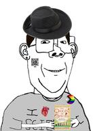 arm atheism book brown_hair charles_darwin clothes ear earring fedora glasses hair hand hat heart holding_book holding_object i_love i_love_science nose_piercing nose_ring progress_pride_flag qr_code science smile soyjak tattoo tshirt variant:protestantjak // 1479x2077 // 1.0MB