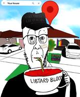 background car closed_mouth clothes drinking_straw flag:progress_pride_flag glasses holding_object lgbt liberal maga serious_hat text variant:cobbert // 1660x2000 // 599.9KB