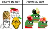 2004 2024 3soyjaks animal apple avocado bald closed_mouth comparison food foodjakj frog fruit glasses grapefruit green_skin leaf lemon pepe pineapple red_shirt series:fruiterz! smile stubble text thumbs_up variant:a24_slowburn_soyjak variant:nojak variant:soyak yellow_skin // 1863x1119 // 995.8KB