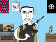 amphibian angry armor blood bulletproof_vest closed_mouth clothes computer confederate desk drawer drawing drawn_background ear father firearm flag frog glasses gun hair hearts_of_iron hoi4 holding_gun holding_object holding_rifle keyboard marble millions_must_die monitor mother mouse nas:pepe nazism paradox_interactive pepe pepe_the_frog rifle screenshot sniper statue subvariant:pol_face table teddy_bear text the_thinker thinking variant:chudjak vest video_game weapon // 1000x750 // 294.3KB