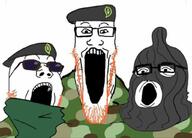 3soyjaks camouflage cap clothes facemask glasses hat ireland open_mouth orange_hair orange_stubble soyjak soyjak_trio stubble sunglasses variant:gapejak variant:markiplier_soyjak variant:tony_soprano_soyjak // 1024x735 // 70.7KB