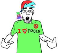 arm blue_hair boyfriend_(friday_night_funkin') brown_hair cap clothes ear friday_night_funkin' frog froge glasses green_shirt hair hand hat heart i_love open_mouth pepe pointing soyjak stubble tshirt variant:shirtjak // 618x559 // 96.9KB