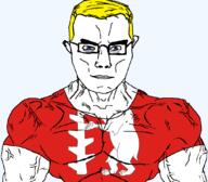 animal arm aryan bear blue_eyes british buff closed_mouth clothes ear england eyes_like_the_o-o-cean flag flag:warwickshire glasses hair soyjak subvariant:chudjak_front subvariant:muscular_chud tshirt united_kingdom variant:chudjak vein warwickshire yellow_hair // 1059x929 // 95.3KB