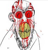 angry blood blood_from_ears blood_from_mouth blood_on_face blood_splatter bloodshot_eyes broken_teeth distorted ear eyebrows glasses seething soyjak subvariant:feralrage teeth teeth_showing variant:feraljak white_background wrinkles // 834x861 // 469.4KB