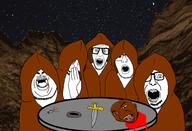 black_skin blood brown_eyes crooked_teeth ear glasses gore hand hood irl knife multiple_soyjaks mustache null open_mouth severed_head sky soyjak star stubble variant:chugsjak variant:nerdjak variant:nulljak variant:thiefjak variant:unknown variant:volcanojak yellow_teeth // 1404x955 // 780.5KB