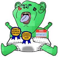 arm award baby bloodshot_eyes crying diaper ear emerald emerald_(namefag) hello_my_name_is_(sticker) leg meta:namefags piss queen_of_hearts queen_of_spades subvariant:pissbaby text tongue variant:impish_soyak_ears // 1480x1452 // 821.2KB