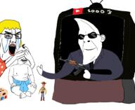 3soyjaks ak-47 angry arm baby bloodshot_eyes clothes crying deformed ear female flower full_body grin hand moonman mother open_mouth plant smile soyjak subvariant:charlie suit television toy underpants variant:chudjak variant:cobson woody_(toy_story) yellow_hair youtube // 1527x1250 // 466.7KB