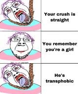 bloodshot_eyes crying flag glasses hair hanging meme mustache open_mouth purple_hair rope smile soyjak stubble suicide text tongue tranny variant:bernd yellow_teeth // 633x762 // 296.6KB