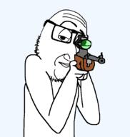 arm closed_mouth eyebrows full_body glasses gun holding_gun raised_eyebrow smug sniper sniper_rifle soyjak stubble variant:smugjak // 800x842 // 44.8KB