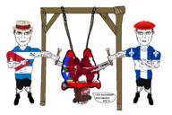 amerimutt bisected bloodshot_eyes brown_skin buff chud closed_mouth countrywar cuba cuba_vs_puerto_rico ear execution ferdinanddist(namefag) flag full_body glasses gore hair holding_object imperator_(user) open_mouth puerto quebec rico rope saw soyjak stubble subvariant:chudjak_front subvariant:unbotheredchud tongue torture variant:bernd variant:chudjak vein yellow_teeth // 2576x1720 // 637.0KB