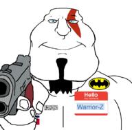 Warrior-Z(user) a10_eyes aryan batman blue_eyes buff flag:norway front_facing gun kratos pointing pointing_at_viewer subvariant:mexiaryan subvariant:mexiaryan_front variant:meximutt // 886x872 // 176.0KB