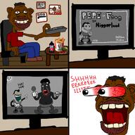 1930s 4panel amphibian bbc black_face cartoon chicken comic couch fried_chicken frog glove grape_juice kfc kool-aid laughing lean nas:amerimutt nas:pepe old_cartoon pepe pepe_the_frog picture_frame remote sheeeit subvariant:hornyson subvariant:impish_amerimutt sun table television tv_(4chan) tv_remote tyrone variant:chudjak variant:cobson variant:impish_soyak_ears variant:tyronejak watermelon // 1913x1913 // 1.0MB