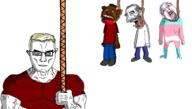 2soyjaks ack aryan bloodshot_eyes clothes full_body hanging happy_merchant holding_object holding_rope judaism negro rope subvariant:muscular_chud tranny tyrone variant:bernd variant:chudjak // 2656x1511 // 1.0MB
