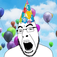 animated balloon clothes excited glasses hat open_mouth party_hat soyjak stubble variant:cobson // 360x360 // 1.5MB