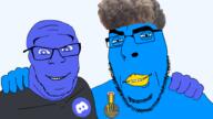 2soyjaks acne award badge beak bird blue_eyes blue_skin closed_mouth clothes discord friendship glasses hair no_more_brother_wars smile smug soyjak squinting stubble subvariant:feralcord tranny twitter twitter_immigrant variant:cobson variant:feraljak zoomer zoomer_hair // 1920x1080 // 378.8KB