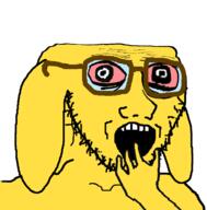 distorted dog ear glasses hand janny open_mouth red_eyes soyjak stubble variant:soyak yellow_skin // 708x719 // 103.9KB