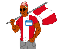 clothes flag flag:peru gray_pants hat hello_my_name_is_(sticker) holding_object honorary_aryan meta:namefags namefag peruvian_chud_(user) peruvian_hat south_america subvariant:muscular_chud2 variant:chudjak