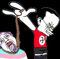 2soyjaks arm clothes full_body glasses hair hand red_shirt rope shorts stubble swastika tongue tranny transgender_flag troon variant:bernd variant:chudjak // 671x662 // 356.9KB