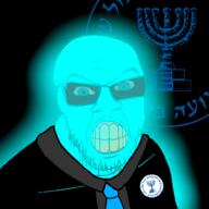 angry blue blue_eyes blue_skin blue_tie clothes glasses glowing hair hebrew hebrew_text israel mossad necktie soyjak stubble suit suit_and_tie trend:glowie variant:feraljak // 1000x1000 // 227.1KB