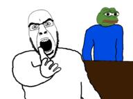 amphibian angry animal beard blue_shirt frog full_body glasses looking_at_you nas:pepe open_mouth pepe_the_frog screaming soyjak standing stare stubble subvariant:cobson_front2 template thick_eyebrows transparent_background variant:cobson white_background white_eyes // 1000x752 // 92.4KB