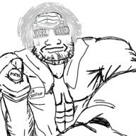 arm art ban buff closed_mouth clothes doctor glasses glowing glowing_glasses grey_hair hair holding_object jacket looking_at_you meds name_tag neutral pov soyjak stubble subvariant:dr_soystein sweating text variant:markiplier_soyjak // 3200x3200 // 4.5MB