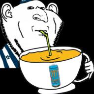 closed_mouth clothes cup drinking drinking_straw ear hand hat holding_object judaism kippah monster_energy soyjak star_of_david stubble subvariant:impdrink variant:impish_soyak_ears // 614x618 // 205.8KB