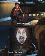 glasses meme open_mouth purple_hair soyjak spiderman stubble text tongue tranny trаnnу variant:bernd yellow_teeth // 1080x1350 // 1.1MB