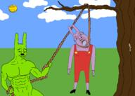 3soyjaks arm bloodshot_eyes buff closed_mouth clothes crying drawn_background ear full_body glasses grass hand hanging holding_object holding_rope hoops_and_yoyo irl leg lynching muscles noose open_mouth outdoors purple_skin rope sky smile smug soyjak stubble subvariant:wholesome_soyjak suicide sun the_amazing_digital_circus tongue tree variant:bernd variant:chudjak variant:gapejak yellow yellow_skin yellow_teeth yoyo // 2100x1500 // 270.9KB