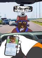 a10_eyes artist:vigilant black_skin brown_troonjak buck_teeth car cat_ear clothes dan driving glasses hair hat holding_object holding_phone imminent_death jimbo jimbo_(namefag) mirror niko_(oneshot) oneshot slopjak sonnenrad soybooru subvariant:muscular_chud tongue variant:bernd variant:chudjak yellow_teeth // 1376x1904 // 984.5KB