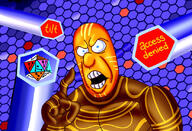 access_denied angry artist:chopfe blue_eyes cartoon clothes hand hexagon open_mouth pointing_up redraw soyjak the_lawnmower_man tilt variant:cobson yellow_skin // 828x567 // 114.0KB