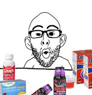 cough_medicine delsym drugs dxm ear glasses open_mouth pill soyjak stubble table variant:nojak // 797x820 // 392.9KB