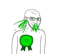 arm award closed_mouth ear glasses green green_eyes greengod_award mucus ribbon smug soyjak stubble text torso variant:soyak // 1557x1405 // 213.0KB
