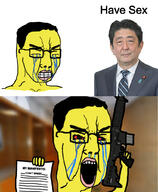 asian bloodshot_eyes closed_eyes crying firearm glasses gritting_teeth gun holding_gun holding_object holding_rifle japan manifesto open_mouth rifle shinzo_abe soyjak variant:chudjak weapon yellow_skin // 841x1024 // 530.8KB