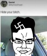 glasses looking_at_you soyjak subvariant:chudjak_front swastika text twitter variant:chudjak // 655x782 // 377.9KB