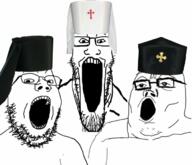 3soyjaks christianity clothes glasses hat open_mouth priest soyjak stretched_mouth stubble trend:soyjak_trio variant:gapejak variant:markiplier_soyjak variant:tony_soprano_soyjak // 679x584 // 251.0KB