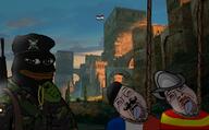 arm beret chains clothes france frog green_skin gun hand hanging jacket military mustache open_mouth pepe rope soyjak spain stubble tongue variant:bernd white_skin // 2093x1302 // 2.2MB