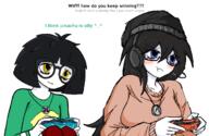 avengers beanie blue_eyes brown_shirt cute gaming gaming_console girl glasses green_shirt hair lemon smash_bros soy soylent sproke variant:soytan variant:sproketan white_skin wholesome // 698x456 // 111.9KB