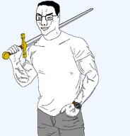 1488 arm buff closed_mouth clothes glasses grey hair hand holding_object holding_sword smug subvariant:muscular_chud2 sword template transparent_background variant:chudjak watch // 1834x1913 // 137.4KB